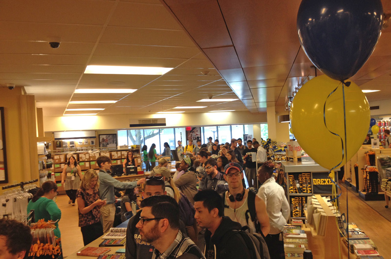 The scene at Drexel's annual grad fair in the Barnes & Noble Bookstore.